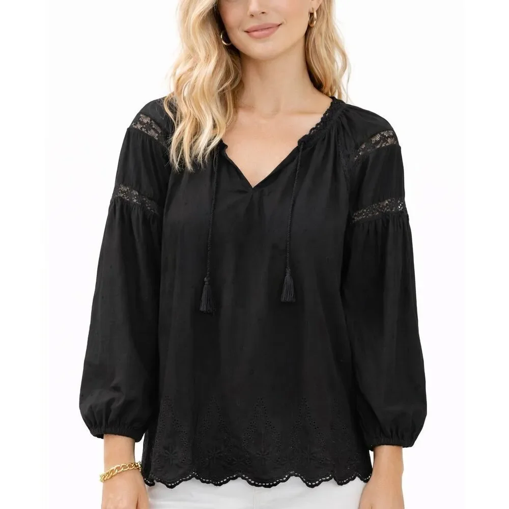 Old Navy black embroidered puff sleeve boho blouse size M